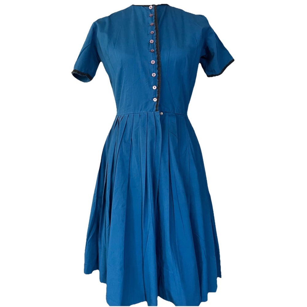 60s 70s Handmade Pleated A-Line Dress Sz 6 Teal Blue Black Trim Buttons Classic
